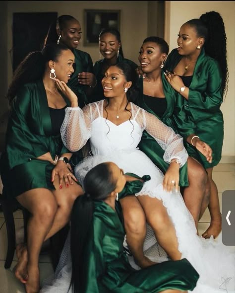 Emerald Green Bride Maids Dresses, Fairy Tail Wedding Aesthetic, Black Bride With Bridesmaids, Forest Green Bridesmaid Dresses Black Women, Bridal Party Photos Black People, Emerald Green And Gold Wedding Party, Dark Green Decorations Party, Green Bridesmaid Dresses Black Women, Wedding Braidmaids