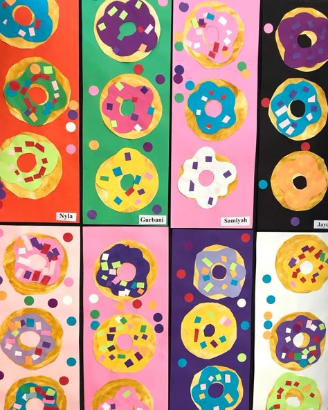 Food Art Lesson, Pre K Art Lessons, Kindergarten Shape Art, Preschool Cookie Craft, Kinder Art Projects, Square 1 Art Ideas, Donut Art Project, First Grade Collage Art, Donut Art Project For Kids