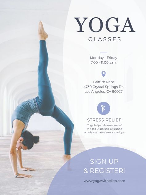 Yoga Class Poster Template Visme Yoga Class Poster Template, Yoga Class Advertisement, Yoga Poster Design Ideas, Yoga Class Poster Design, Yoga Advertising Ideas, Yoga Classes Poster, Yoga Class Poster, Yoga Advertising, Yoga Ads