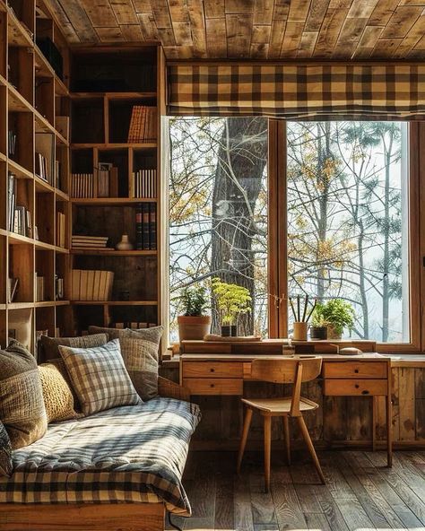 Home Office Country Style, Cozy Office With Couch, Rustic Cabin Office, Writing Room Ideas, Rustic Office Space, Small Cabin Office, Daybed In Office, Rustic Daybed, Daybed Office