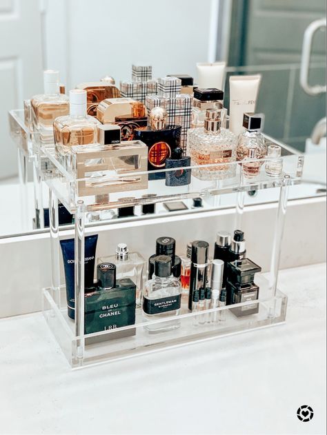 Obsessed with this new acrylic shelf to organize and display our perfume and cologne! Plus it’s on SALE!! Finally getting our master bathroom together after living here almost two years 😂 Shop your screenshot of this pic with the LIKEtoKNOW.it shopping app! #StayHomeWithLTK #LTKhome #LTKsalealert #LTKunder50 #liketkit @liketoknow.it.home @liketoknow.it http://liketk.it/2OYcO Perfume Bathroom Display, Perfume And Cologne Organization, Perfume Organization Bathroom, Bathroom Cologne Storage, His And Hers Perfume Display, Perfume In Bathroom, Bathroom Perfume Display, Cologne And Perfume Storage, Acrylic Shelf Bathroom