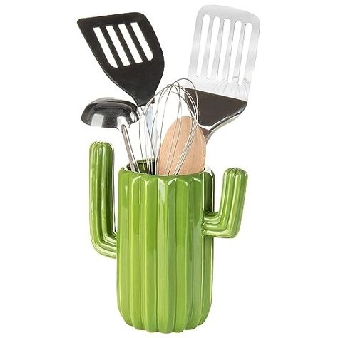 MyGift Green Ceramic Cactus-Shaped Utensil Crock Cooking Utensil Holder, Cactus Ceramic, Ceramic Utensil Holder, Utensil Storage, Mexican Home Decor, Utensil Crock, Ladles, Ceramic Spoon Rest, Southwest Decor