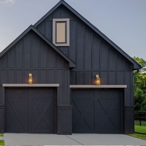 Brick And Board And Batten Exterior, Stained Cedar, Black Shed, Carriage House Doors, Garage Designs, Farmhouse Garage, Overhead Garage Door, Tin House, Wood Garage Doors