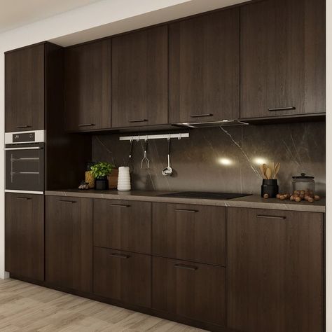 Ikea Ekestad, Dark Brown Kitchen Cabinets, Dark Wood Kitchen Cabinets, Trendy Kitchen Backsplash, Model Kitchen, Brown Kitchen Cabinets, Kitchen Ikea, Elegant Kitchen Design, Dark Wood Kitchens