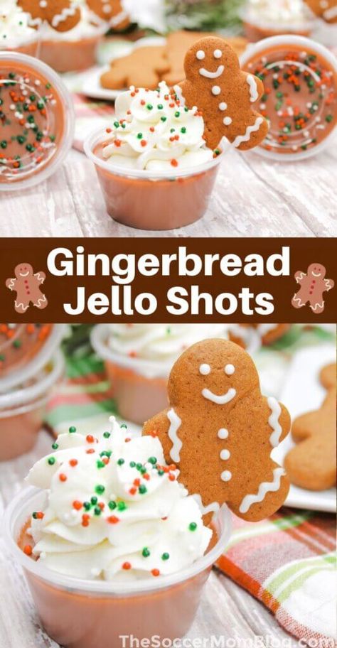 These Gingerbread Jello Shots are cute and easy to make! They taste like a gingerbread cookie, but in a jello shot form! Festive Jello Shots, Easy Christmas Jello Shots, Christmas Dessert Shots, Gingerbread Shots Recipe, Jello Shots Christmas, Christmas Jello Shots Alcoholic, Christmas Jell-o Shots, Gingerbread Party Food, Jello Shots Recipe