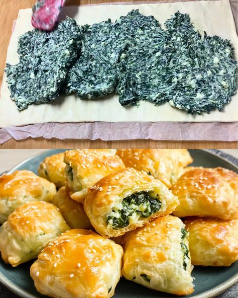 These Spinach Cheese Puffs are a crispy, cheesy, and flavorful snack or appetizer that’s quick to make and perfect for any occasion. The combination of fresh spinach, melty mozzarella, and tangy feta wrapped in flaky puff pastry creates an irresistible treat that will impress everyone at your table. Preparation Time Preparation: 15 minutes Cooking: 20 minutes Total Time: 35 minutes Ingredients Puff Pastry: 1 sheet (store-bought or homemade) Spinach: 150 g (5 oz), fresh and chopped Mozzarella Che Spinach Feta Puff Pastry Appetizers, Spinach And Feta Pastry Puffs, Spinach Feta Crescent Rolls, Puff Pastry Mozzarella, Spinach Rolls With Puff Pastry, Spinach Feta Croissant, Spinach Squares Appetizers, Spinach Ricotta Puff Pastry, Spinach And Feta Puff Pastry