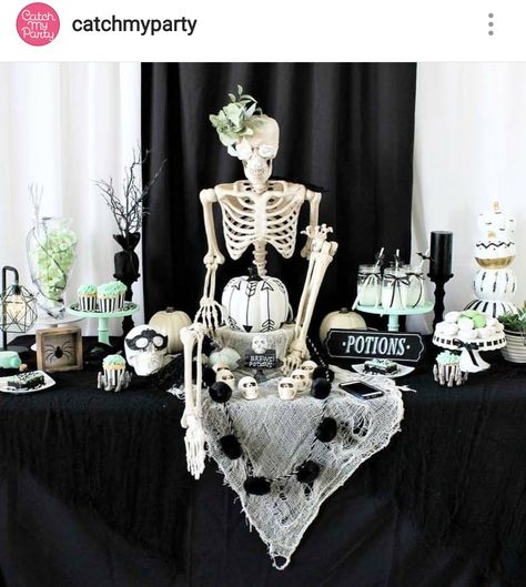 Skeleton Theme Dessert Table and Decor Black And White Halloween Party, Adult Halloween Decorations, White Halloween Party, Halloween Dessert Table, Halloween Black And White, Skeleton Theme, Halloween Party Photo, Black White Halloween, Black And White Halloween