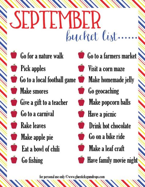 September Family Bucket List, Fall Family Fun Ideas, Fun September Activities For Kids, September Bucket List 2024, September Activity Ideas, September Family Activities, September Bucket List For Kids, September Bucket List Ideas, September Bucket List 2023