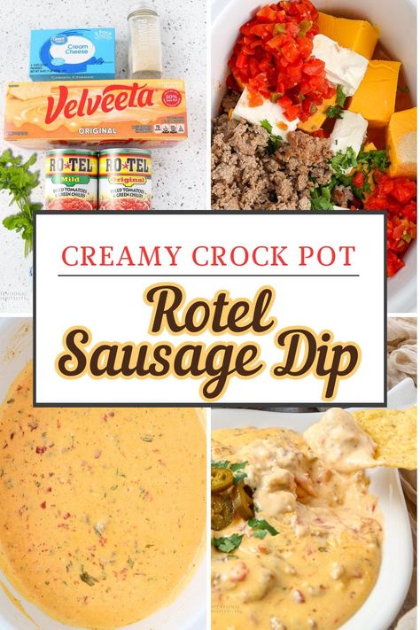 This easy warm dip recipe combines the classic flavors of sausage and Rotel tomatoes with creamy Velveeta and cream cheese for a sure party or game day hit. Sausage Cheese Rotel Dip, Rotel Dip For Party, Rotel And Velveeta Dip Crock Pots, Rotel Dip With Ground Beef Velveeta Crock Pot Cream Cheeses, Rotel With Sausage And Cream Cheese, Sausage Cheese Rotel Dip Crockpot, Rotes Sausage Dip, Finger Food Crockpot, Velveeta Sausage Rotel Dip Crock Pot