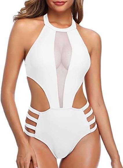 Tempt Me Women One Piece Mesh Swimsuit High Neck Cutout Monokini White XXL at Amazon Women’s Clothing store White Halter Neck One-piece Swimsuit For Beach, One-piece Swimwear With Mesh Back For Pool, Poolside Mesh One-piece Swimwear, One-piece Cutout Bodysuit For Pool, Mesh Swimsuit, Flattering Bathing Suit, Beachwear One-piece Cutout Bodysuit, Backless One Piece Swimsuit, High Neck Halter