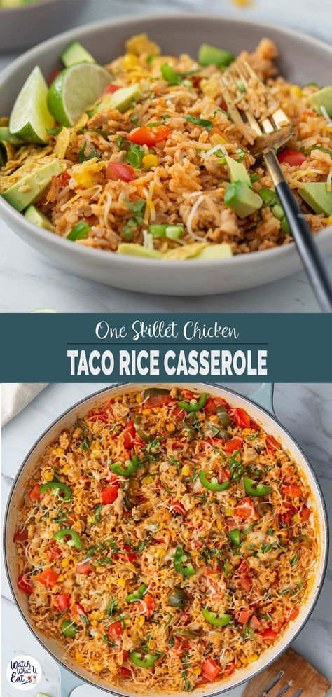 Healthy chicken taco rice casserole is prepared using ground chicken, white rice, veggies and cheese, all in one skillet. It is full with Mexican flavors and perfect for a quick and easy lunch or dinner meal. Ground Chicken With Rice, Meals With White Rice, Ground Chicken And Rice, Chicken Taco Rice, Taco Rice Casserole, One Pot Rice Meals, Ground Chicken Tacos, Chicken Taco Casserole, One Pan Recipe