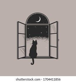 Moon In Window Tattoo, Windows Illustration Drawing, Cat Window Tattoo, Cat In Window Tattoo, Sitting On Window, Window Vector, Window Sketch, Window Tattoo, Rainy Window