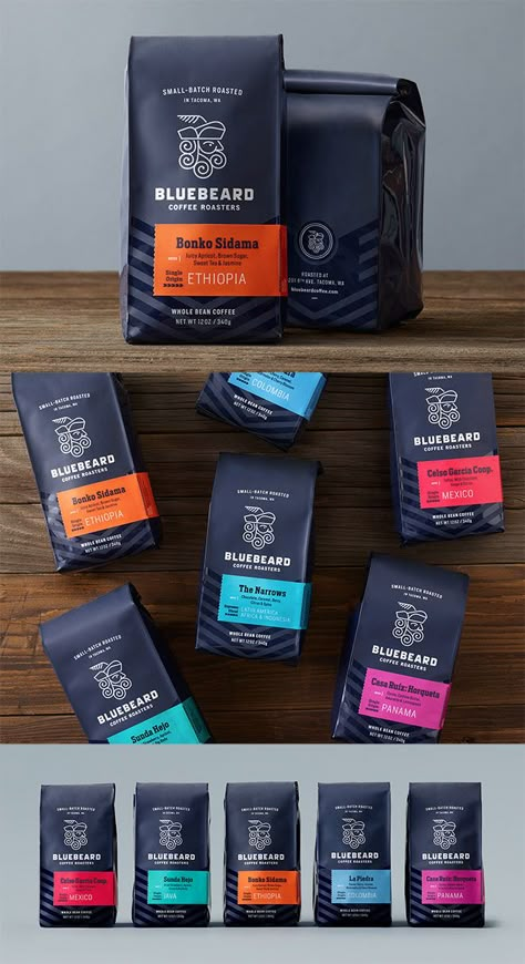 Bluebeard Coffee Roasters by Partly Sunny Coffee Branding Design, Coffee Bag Design, Spices Packaging, Coffee Shop Branding, Coffee Pack, Coffee Label, Design Café, Coffee Bags, Packaging Designs