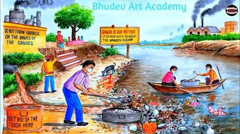 Ganga River Pollution, Water Pollution Drawing, Pollution Drawing, River Pollution, Beautiful Scenery Drawing, How To Draw Water, Water Sketch, Memory Illustration, Scenery Drawing For Kids