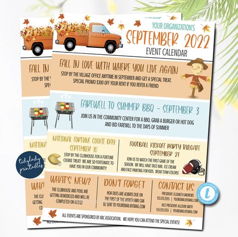 "SEPTEMBER EVENTS PRINTABLE TEMPLATE  *ALL TEXT IS EDITABLE SO YOU CAN CREATE THIS TO SAY WHATEVER YOU WISH - TO CUSTOMIZE FOR YOUR SCHOOL OR ORGANIZATION! YOU CAN DELETE THE SMALL GRAPHICS AND ADD IN YOUR OWN (top fall truck and leaves are not editable)  *You can print and hand out at meetings, post on bulletin boards or save and upload the digital version to a website or as part of your email newsletter updates WANT THE FULL SET OF 12 MONTHLY SEASONAL NEWSLETTER TEMPLATES- FIND THE SET HERE: h Pto Fall Fundraiser, Colorful Newsletter Design, September Events Ideas, Fall Newsletter Ideas, Neighborhood Newsletter Ideas, Community Event Flyer, September Resident Events, Fall Resident Events, Apartment Newsletter