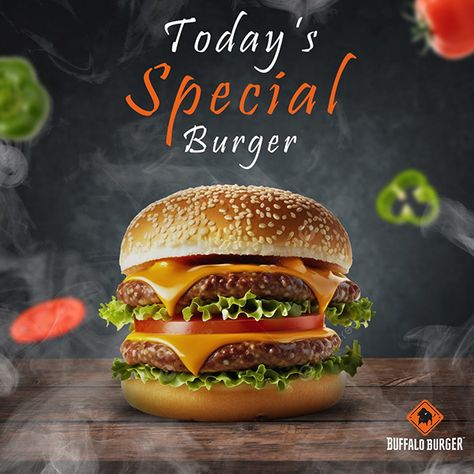 Burger Ads Design, Burger Design Ideas, Burger Social Media Design, Burger Social Media Post, Burger Ads, Food Social Media Post, Flash Banner Design, Buffalo Burgers, Burger Design