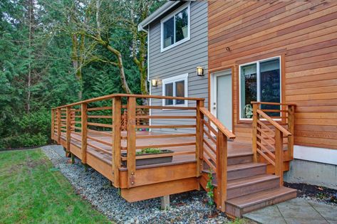 Raised Wooded Walkout Deck construction With Railing, Stairs, and Steps Deck Porch Ideas, Diy Decks, Porch Renovation, Handyman Hacks, Deck Cost, Garden Design Pictures, Redwood Decking, Deck Remodel, Deck Repair