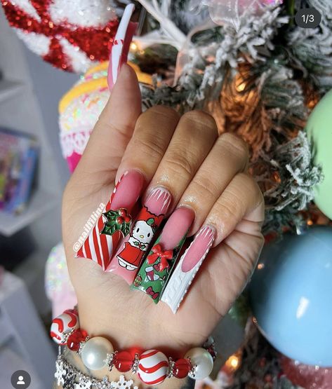 Square Acrylic Nails Christmas, Pink Hello Kitty Christmas, Hello Kitty Christmas Nails, Christmas Duck, Punk Nails, Duck Nails, Hard Nails, Kitty Christmas, Winter Nails Acrylic