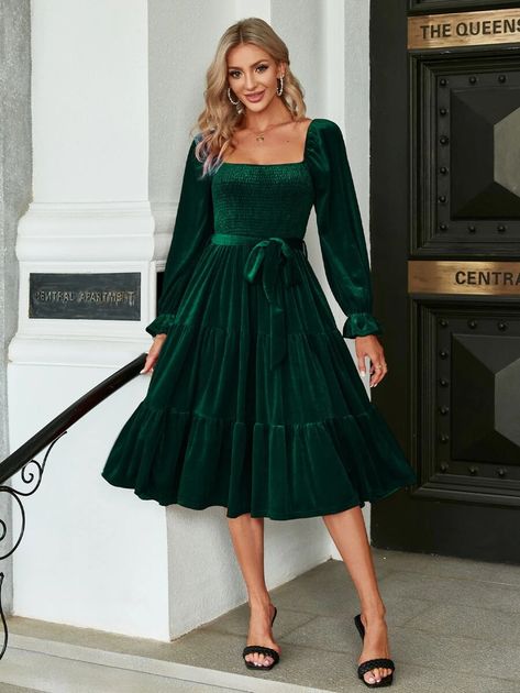 Simplee Square Neck Flounce Sleeve Ruffle Hem Belted Velvet Dress | SHEIN USA Sleeved Velvet Dress, Mini Wedding Dresses, Backless Long Dress, Floral Lace Blouse, Long Sleeve Velvet Dress, Wedding Dress With Pockets, Long Tank Tops, Holiday Party Dresses, Sophisticated Dress