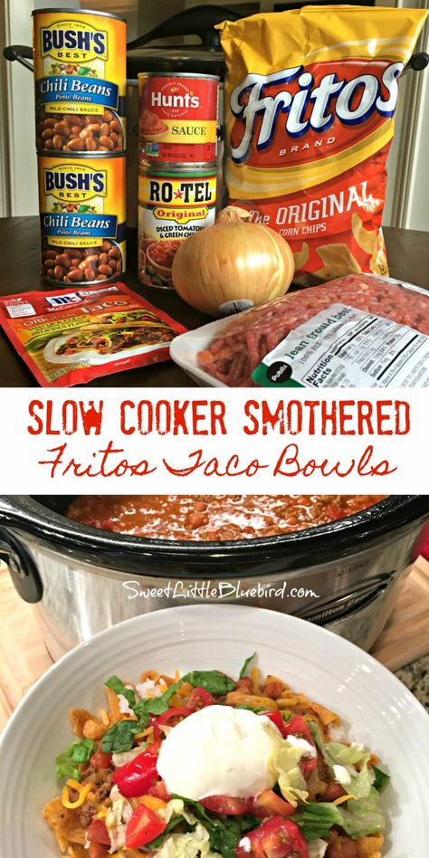 SLOW COOKER SMOTHERED FRITOS TACO BOWLS - Sweet Little Bluebird Fritos Taco Bowls, Meals Crockpot, Beef Crockpot, Wallpaper Food, Walking Tacos, Recipes Beef, Crowd Pleasing Recipes, Taco Bowls, Crockpot Dishes