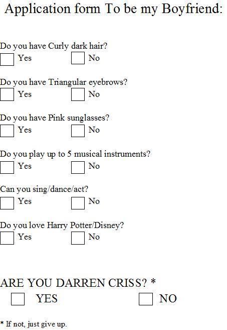 Lol maybe this is the reason I'm still single... Husband Application Form, Boyfriend Application, Be My Boyfriend, Glee Funny, Funny Awards, Blaine Anderson, Very Potter Musical, Harry Potter Disney, Chris Colfer