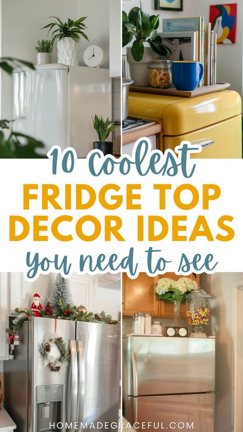 fridge top decor ideas Small Fridge Storage Ideas, Space Above The Fridge Ideas, Space On Top Of Fridge, Over The Fridge Storage Diy, Refrigerator Picture Display, Above Fridge Christmas Decor, Top Of The Fridge Storage, How To Decorate Top Of Fridge, Cupboards Above Fridge