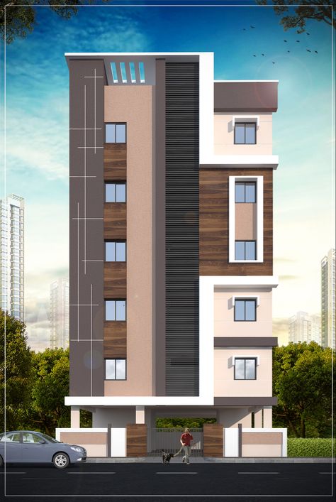 Hostel Elevation Exterior, Ground Floor Elevation Design Modern, Apartment Elevation, Small Apartment Building Design, Residential Architecture Apartment, Small Apartment Building, House Architecture Styles, Commercial Design Exterior, Cladding Design