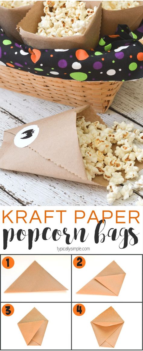 These easy DIY kraft paper bags are a fun way to serve popcorn at your Halloween parties! Just personalize the stickers to go with your party theme! Diy Paper Treat Bags, How To Serve Popcorn At A Party, Popcorn Serving Ideas, Popcorn Bags Diy, Popcorn Box Diy, Popcorn Crafts, Popcorn Cones, Paper Popcorn, Popcorn Holder