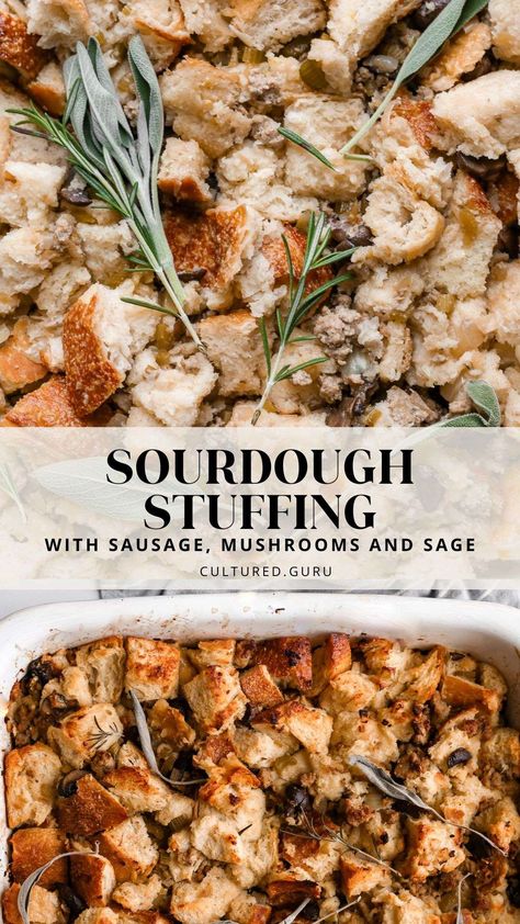 Sourdough stuffing is the most delicious Thanksgiving side dish. Made from scratch with sourdough bread, portobello mushrooms, pork sausage, and sage, this sourdough sausage stuffing will impress your dinner guests! #sourdough #stuffing #thanksgiving #sides Stuffing Recipes With Mushrooms, Sourdough And Cornbread Stuffing, Sour Dough Stuffing Recipe, Sourdough Stuffing With Sausage, Sourdough Discard Thanksgiving, Bread Dressing Recipes Thanksgiving Homemade Stuffing, Sourdough Stuffing Thanksgiving, Sourdough Stuffing Recipes, Thanksgiving Sourdough Recipes