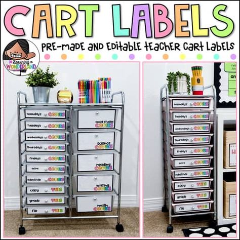 Teacher Rolling Cart Labels | Pre-Made & Editable | Pastel Rainbow (No Clip Art) Teacher Cart Labels, Preschool Teacher Desk, Fluency Tracker, Math Practices Posters, Teacher Rolling Cart, Amy Groesbeck, Center Rotation Charts, Teacher Cart, Art For Teachers