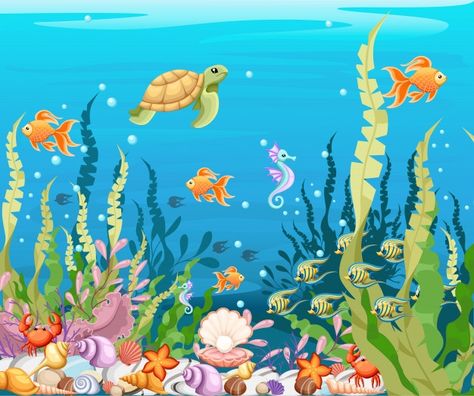 Under the sea background marine life lan... | Premium Vector #Freepik #vector #water #cartoon #sea #fish Under The Sea Pictures, Coral Reef Drawing, The Sea Background, Under The Sea Background, Ocean Mural, Fish Under The Sea, Underwater Background, Sea Life Animals, Ocean Drawing