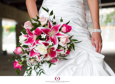 Hot pink and white cascade bouquet featuring Stargazer lilies, roses, and stephanotis. Stargazer Lily Wedding Bouquet, Stargazer Lily Wedding, Stargazer Lily Bouquet, Finally Engaged, Red Bridal Bouquet, 2025 Wedding, Wedding Bouquets Pink, Lily Wedding, Lily Bouquet