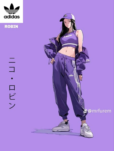 One Piece Streetwear, Anime Sport Outfit, Streetwear Fashion Character Design, Adidas Anime, Anime Streetwear Outfit, Character Design Streetwear, Street Wear Anime Art, Anime Character In Streetwear, Niko Robin