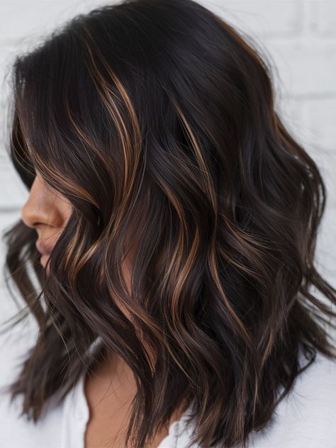 Explore 28 Stunning Fall Hair Colors for Brunettes in 2024: From Dark to Caramel Highlights Styles for a Trendy Look Hand Painted Balayage Brunettes, Subtle Partial Highlights For Brunettes, Dark Auburn Highlights, Dark Caramel Hair Color, Caramel Highlights On Dark Hair, Highlights Styles, Fall Hair Colors For Brunettes, Balayage Fall, Dark Caramel Hair