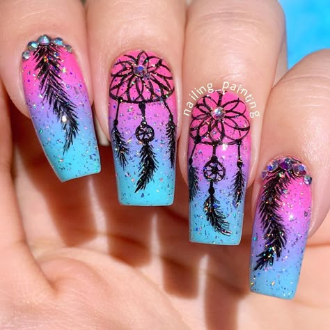 Native Nail Art, Dream Catcher Nails Design, Dreamcatcher Nails Designs, Nails Dreamcatcher, Dreamcatcher Nails, Aesthetic Nail Designs, Dream Catcher Nail Art, Dream Catcher Nails, Rodeo Nails