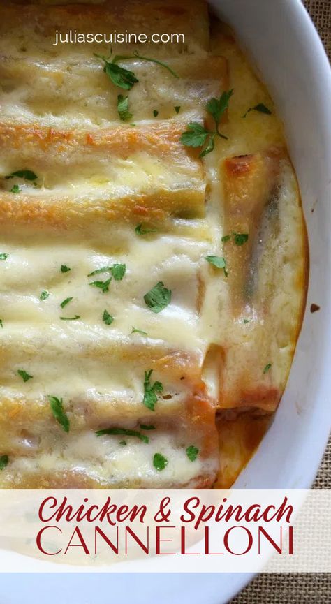 Chicken Cannelloni, Spinach Cannelloni, Cannelloni Pasta, Spinach Filling, Cannelloni Recipes, Tomato Cream Sauce, Chicken Spinach, Chicken And Spinach, Tasty Pasta