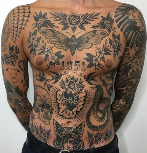 60+ Wonderful Patchwork Tattoo Concepts With Meanings In 2024 — InkMatch- #Amazing #Ideas #InkMatch #Meanings #Patchwork #Tattoo Check more at https://howcandothis.com/manstyle/60-wonderful-patchwork-tattoo-concepts-with-meanings-in-2024-inkmatch/ Traditional Chest Tattoo, Pilot Tattoo, Traditional Tattoo Drawings, Patchwork Tattoos, Full Chest Tattoos, Traditional Black Tattoo, Patchwork Tattoo Ideas, Torso Tattoos, Tattoo Concepts