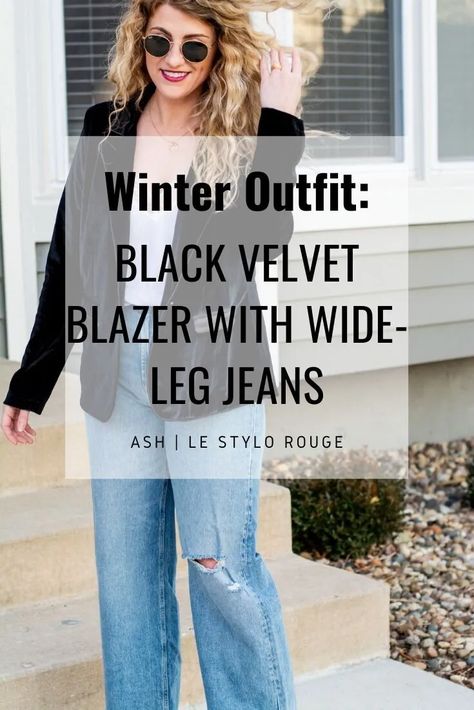 Another Velvet Blazer with Wide-Leg Jeans. | Le Stylo Rouge Velvet Blazer Jeans Outfit Women, Black Velvet Blazer Outfit Women, Velvet Blazer Outfit Women, Black Velvet Jacket Outfit, Blazer Going Out Outfit, Black Velvet Blazer Outfit, Blazer Jeans Outfit Women, Velvet Jacket Outfit, Velvet Blazer Outfit