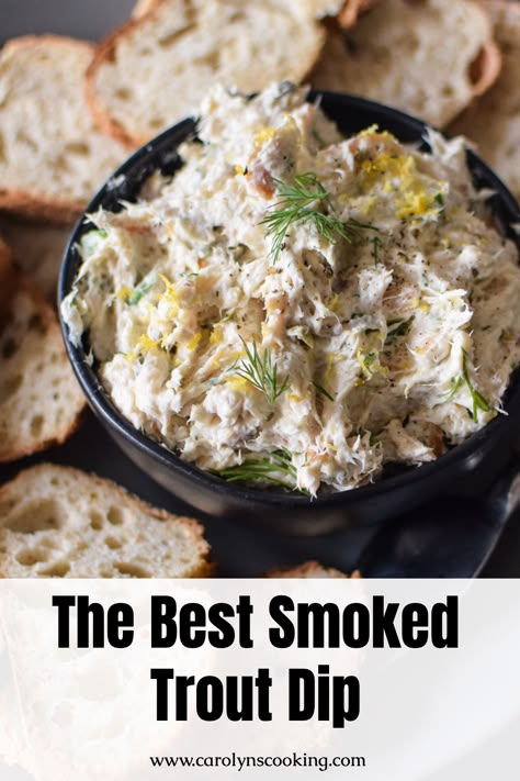 This Smoked Trout Dip is an easy and delicious appetizer for any holiday party! . . . . .appetizer, easy appetizer, dip recipe, Thanksgiving, seafood, smoked trout, holiday appetizers, seafood appetizers Smoked Trout Charcuterie Board, Smoked Trout Dip Cream Cheese, Smoked Fish Appetizer, Smoked Trout Pate Recipe, Best Smoked Fish Dip Recipe, Trout Salad Recipes, Trout Appetizer Recipes, Canned Smoked Trout Recipe, Trader Joes Smoked Trout