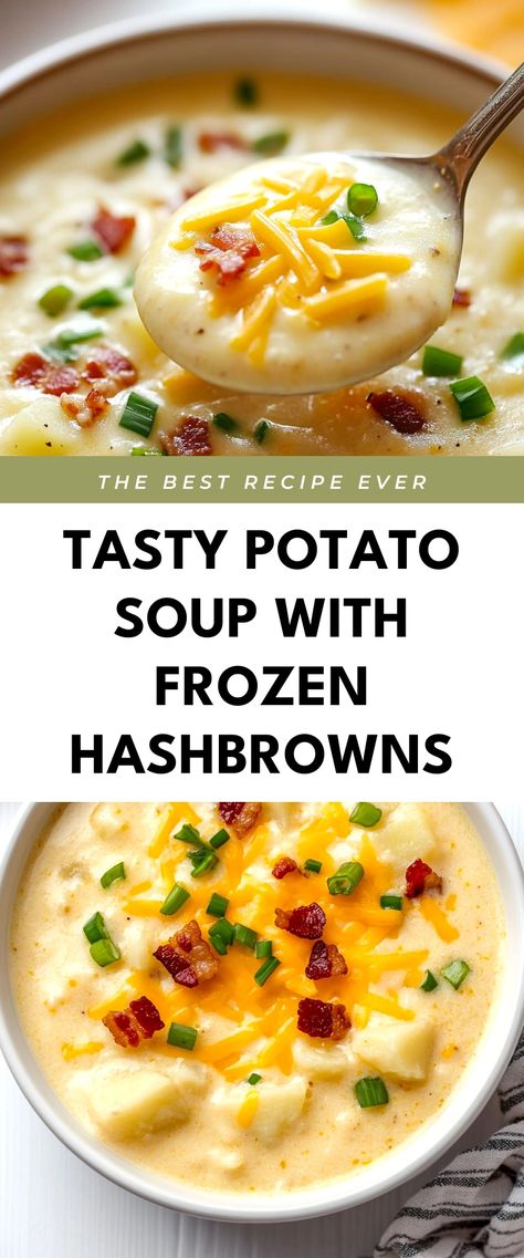 Image for Tasty Potato Soup with Frozen Hashbrowns Easy Loaded Potato Soup Using Frozen Potatoes, Crock Pot Potato Soup With Frozen Potatoes, Loaded Hashbrown Soup, Easy Potato Soup Hashbrowns, Cheesy Hashbrown Potato Soup, What To Do With Hashbrowns, Instapot Potato Soup Frozen Hashbrowns, Crock Pot Frozen Potato Soup, Pioneer Gravy Mix Potato Soup