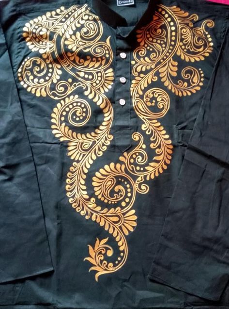 Alpona Design On Kurti, Kalka Design On Punjabi, Small Alpona Design Bengali, Febric Penting Design Panjabi, Hand Painted Panjabi Design For Men, Panjabi Fabric Painting, Painting Ideas On Clothes, Fabric Painting Designs For Kurtis, Kulo Art