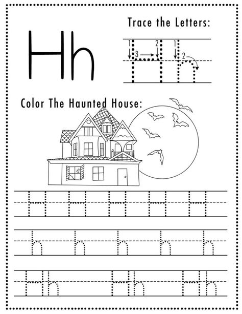 Free Halloween Themed Letter Tracing Worksheet Letter H is for Haunted House - Set includes a variety of Letter H coloring and tracing worksheets. Ideal for homeschoolers & preschool teachers and perfect for Halloween-themed lesson plans! 🍁🖍👻🎨 #Homeschooling #PreschoolEducation #PreKLearning #HalloweenActivities #AlphabetWorksheets #Hauntedhouse #Printables #Freeprintable #letterH#FreeprintableHalloweenWorksheet #HalloweenWorksheets H Tracing Worksheet, Letter H Tracing, Letter H Crafts, Financial Literacy Activities, Free Alphabet Printables, Halloween Vocabulary, Free Printable Halloween, Halloween Worksheets, Halloween Themed Wedding