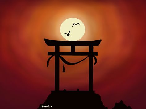 #sunset #sunrise #japan #door #temple #birds #flying Sunrise Japan, Japan Temple, Japanese Shrine, Paint Inspo, Japan Illustration, Japanese Temple, Temple Art, Sunset Sunrise, Birds Flying