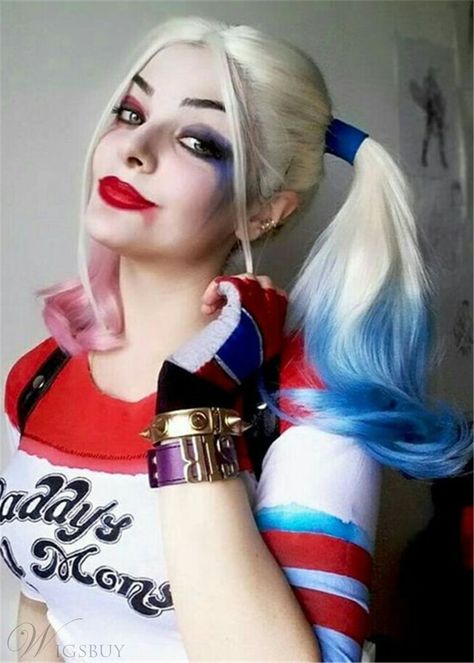 Harley Quinn Hairstyle Cosplay Wigs Synthetic Hair Capless Wig 20 Inches Hair And Makeup, Harley Quinn, Wigs, Queen, Makeup, Hair, Pink, Blue, White