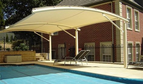 Shade sails are increasingly popular options that give a truly modern look to a pool. Description from shadefxcanopies.com. I searched for this on bing.com/images Pool Canopy, Pool Shade, Backyard Shade, Shade Sails, Wooden Pergola, Patio Shade, Backyard Pergola, Modern Pools, Diy Pool