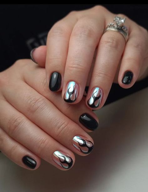 45 Flame Nail Art Ideas And Designs That Are Trendy Now 2 Short Black Gel Nail Designs, Cool Men Nail Art, Black Nail Gel Designs, Grunge Nail Art Designs, Short Men Nail Designs, Manly Nails Design, Masc Nails Ideas Simple, Flame Nail Art Short, Short Black Nail Art