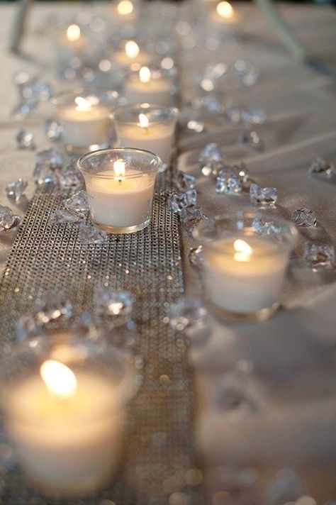 How To Nail Serious Sparkle at Your Wedding! (Crystals, Rhinestones and All Things Shiny) | WedMeGood Winter Wonderland Wedding Centerpieces, 60th Anniversary Parties, Candles Flowers, Cha Bar, Tafel Decor, Gatsby Theme, 60 Wedding Anniversary, Denim And Diamonds, Wedding List