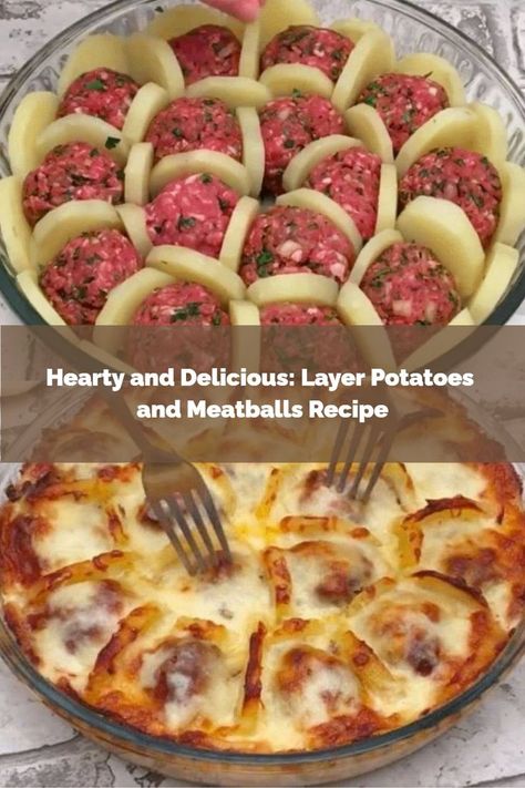 A layered casserole dish filled with golden brown meatballs and tender potatoes, topped with a sprinkle of parsley. Potatoes And Meatballs, Layer Potatoes, Casserole Dish Recipes, Meatballs And Cheese, Potatoes Casserole, Boil Potatoes, Layered Potato, Easy Chicken Thigh Recipes, Potatoe Casserole Recipes