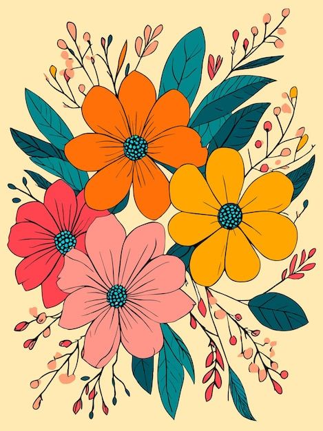 Decorative colored flowers pattern vecto... | Premium Vector #Freepik #vector #drawing #wallpapers #abstract-background #floral-background Floral Patterns Drawing, Floral Design Drawing Pattern, Abstract Motifs Design, Flowers Pattern Illustration, Digital Flowers Design, Floral Motifs Pattern, Floral Pattern Drawing, Vector Flower Design, Floral Pattern Illustration