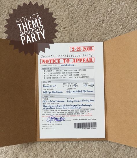 “Notice To Appear” bachelorette party invitation, police theme Police Wife Bachelorette Party, Jail Themed Bachelorette Party, Lawyer Bachelorette Party, Police Bachelorette Party, School Farewell Ideas, Hens Night Invitations, School Farewell, Farewell Ideas, Alpha Sigma Phi